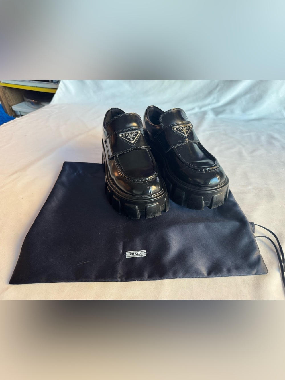 Prada Brushed Leather Monolith Chunky Lug Loafer Black Women’s Sz 37 Authentic